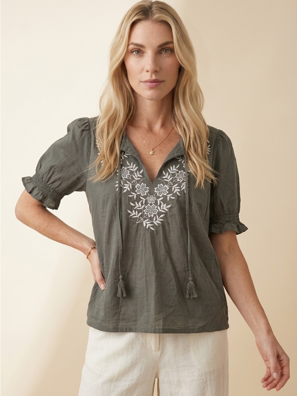 Lucky Brand Embroidered Olive Green Women's Top